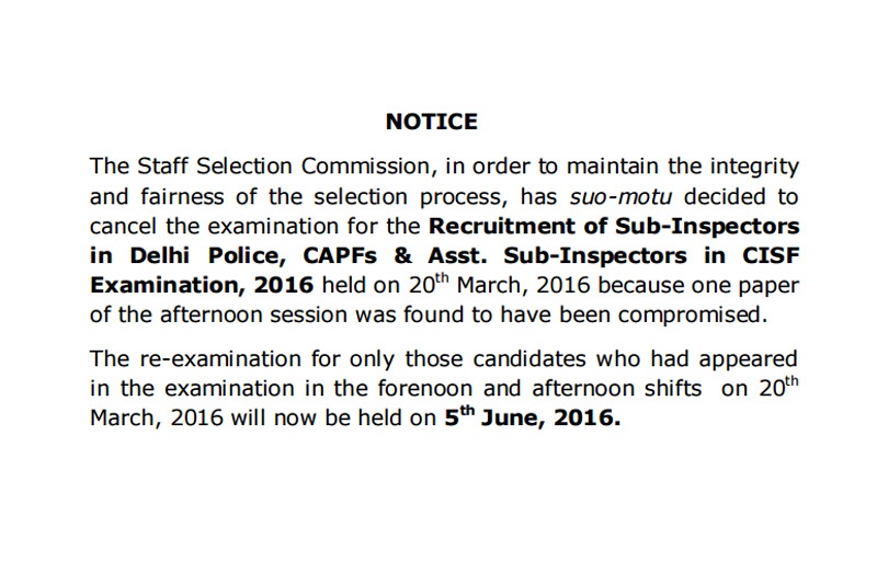 SSC CPO 2016 Exam Cancelled, Re Exam on 5th June
